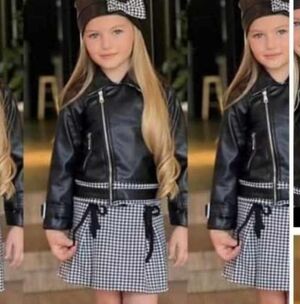 Black Faux Leather Jacket and Houndstooth Skirt Set